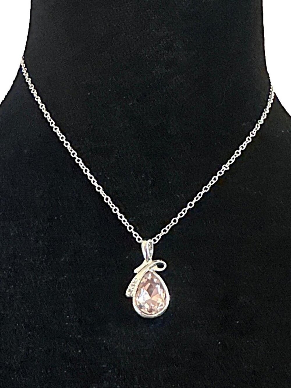 Pink Tear Drop Pendant Necklace Crystal Accent Silver Tone Adjustable Length